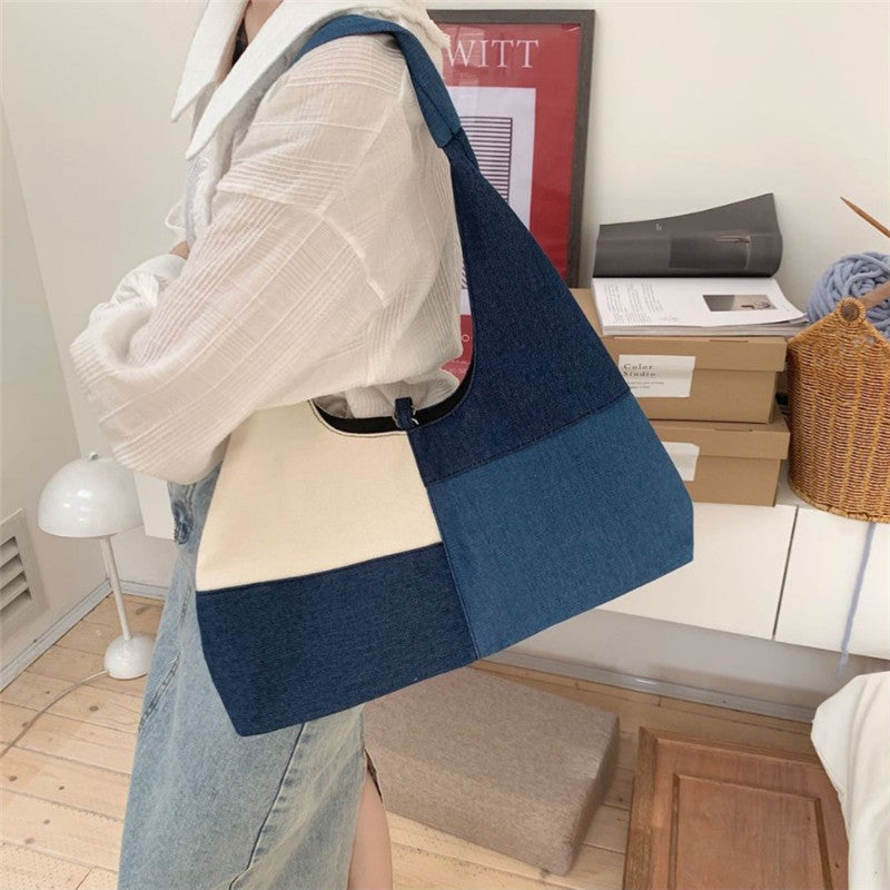 Colorblock Denim Patchwork Hobo Bag – Retro Casual Shoulder Tote