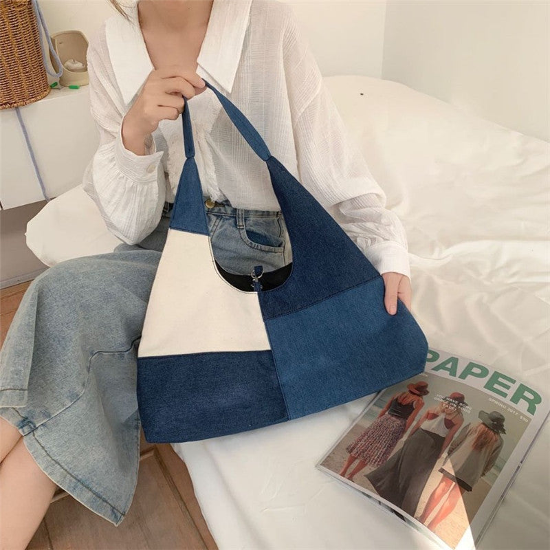 Colorblock Denim Patchwork Hobo Bag – Retro Casual Shoulder Tote