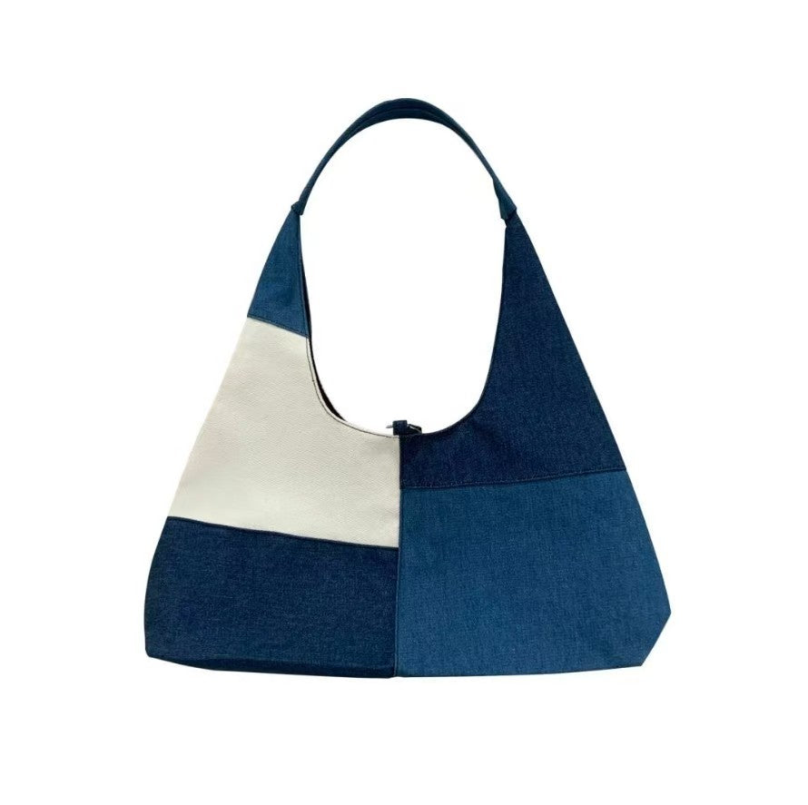 Colorblock Denim Patchwork Hobo Bag – Retro Casual Shoulder Tote