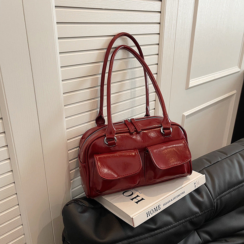 Glossy Double Handle Shoulder Bag with Front Flap Pockets – Chic Everyday Tote in 6 Colors