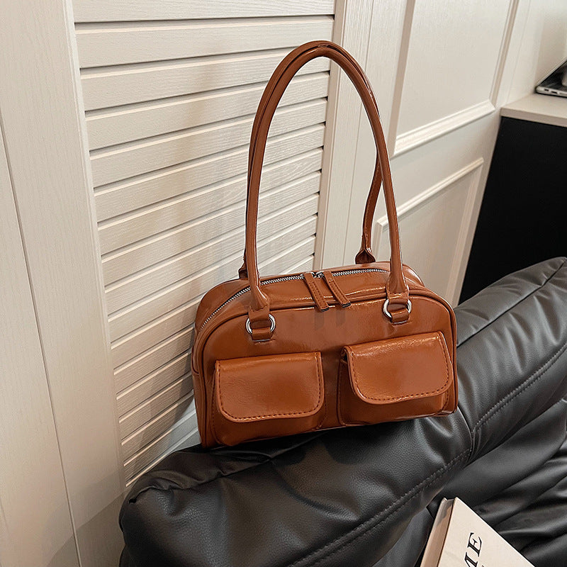 Glossy Double Handle Shoulder Bag with Front Flap Pockets – Chic Everyday Tote in 6 Colors