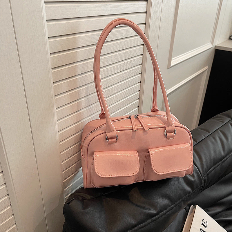 Glossy Double Handle Shoulder Bag with Front Flap Pockets – Chic Everyday Tote in 6 Colors