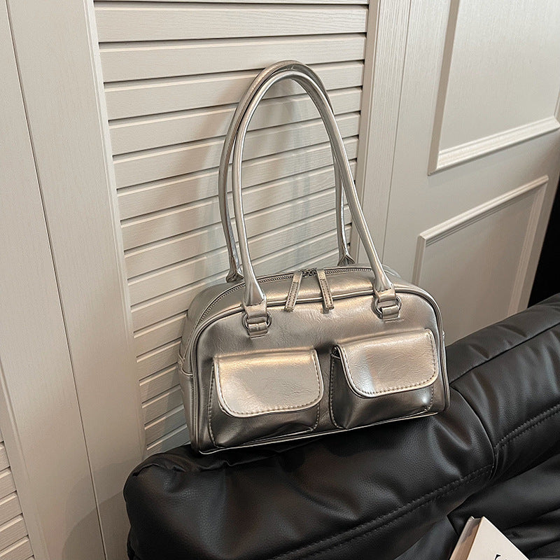 Glossy Double Handle Shoulder Bag with Front Flap Pockets – Chic Everyday Tote in 6 Colors