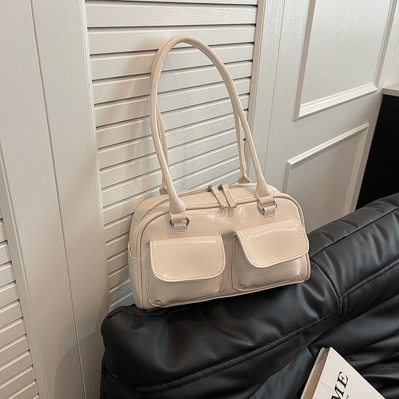 Glossy Double Handle Shoulder Bag with Front Flap Pockets – Chic Everyday Tote in 6 Colors