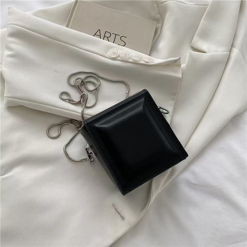 Structured Square Mini Bag – Glossy Hard Shell with Silver Chain Strap | Chic Crossbody in 5 Colors