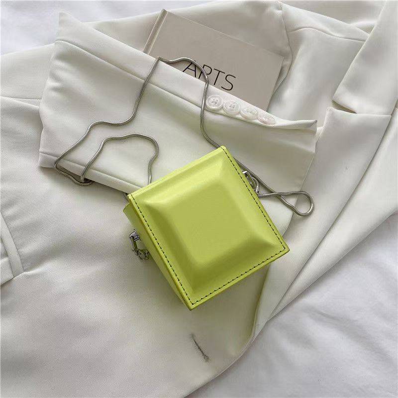 Structured Square Mini Bag – Glossy Hard Shell with Silver Chain Strap | Chic Crossbody in 5 Colors