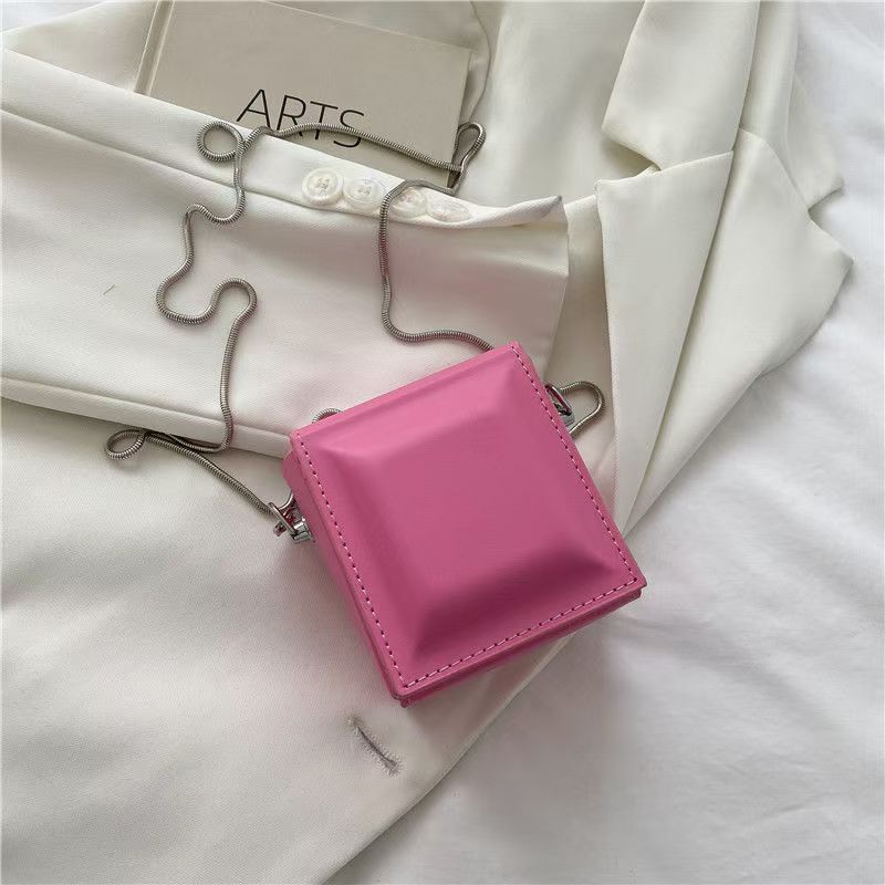 Structured Square Mini Bag – Glossy Hard Shell with Silver Chain Strap | Chic Crossbody in 5 Colors
