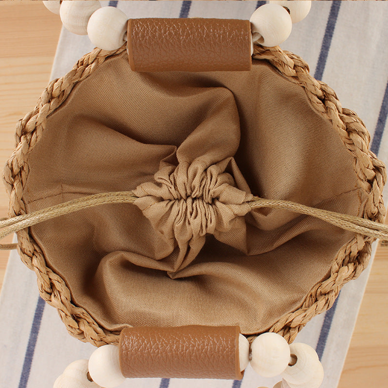 Natural Woven Bucket Bag with Wooden Bead Handle – Boho Chic Handcrafted Summer Purse