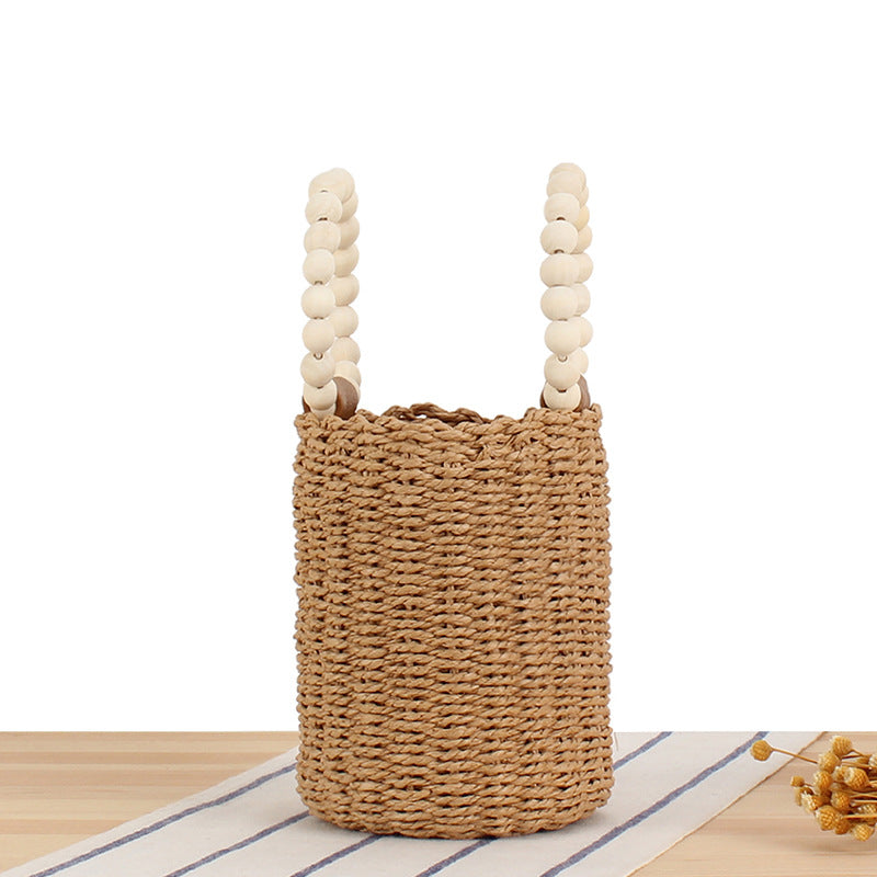 Natural Woven Bucket Bag with Wooden Bead Handle – Boho Chic Handcrafted Summer Purse