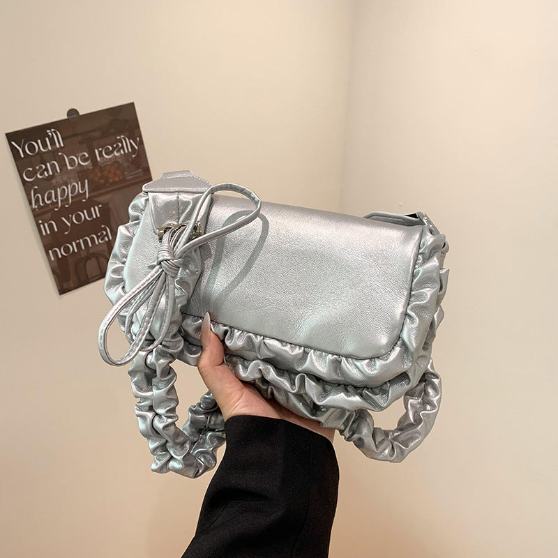 Ruched Flap Shoulder Bag with Ruffled Strap – Silver, Beige, Black | Faux Leather Crossbody Purse