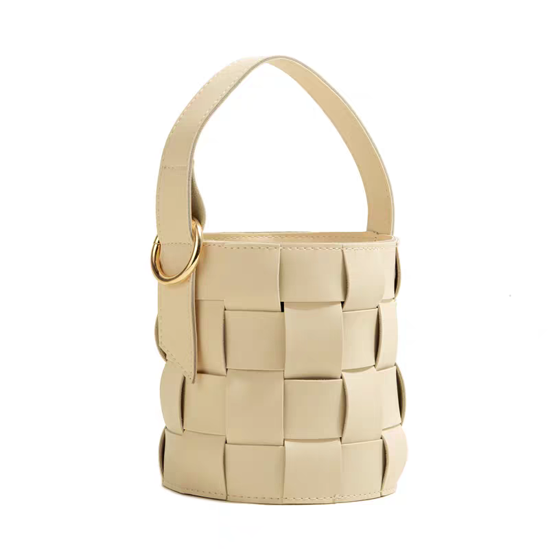 Modern Woven Bucket Bag with Ring Handle – Faux Leather Cylinder Handbag