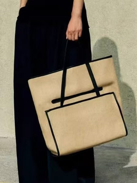 Minimalist Canvas Tote Bag with Contrast Trim – Large Structured Shoulder Bag