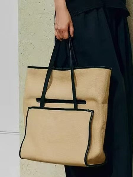 Minimalist Canvas Tote Bag with Contrast Trim – Large Structured Shoulder Bag