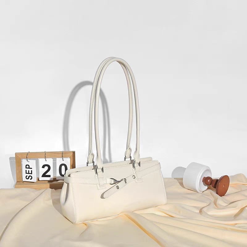 Sleek Baguette Shoulder Bag with Double Long Handles – Cream Faux Leather Purse
