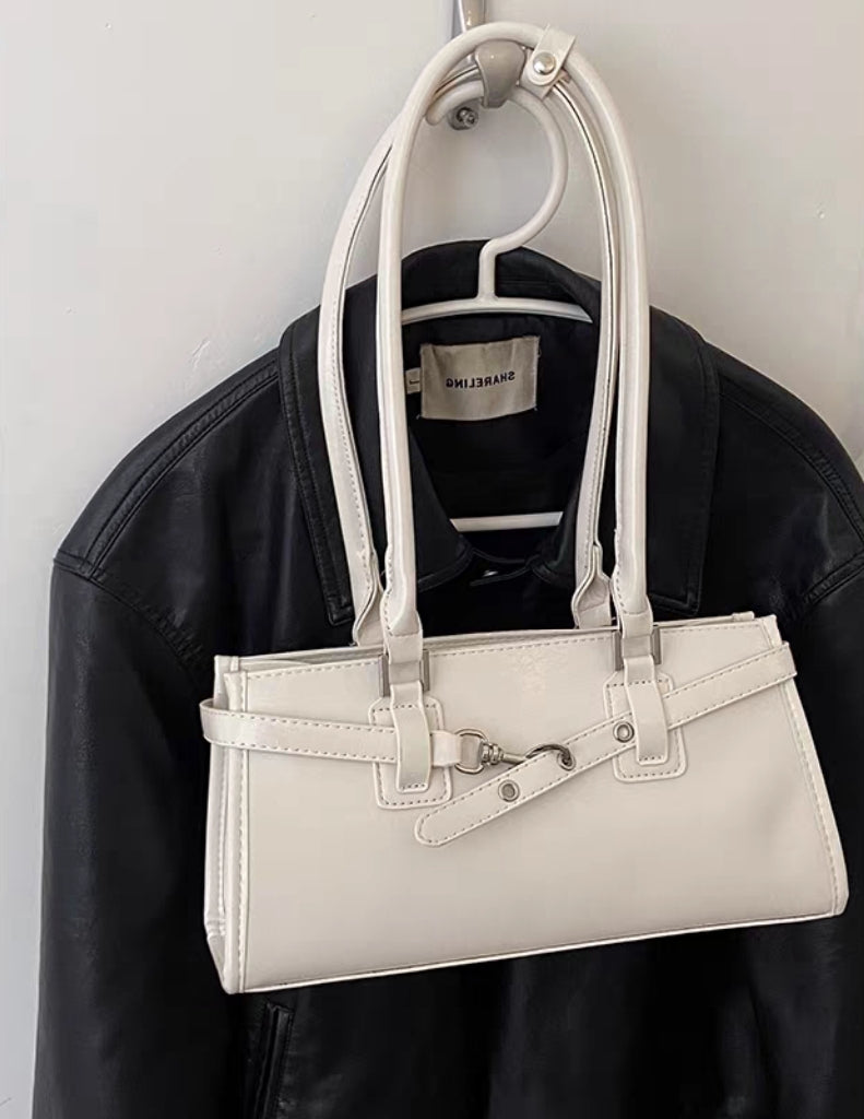 Sleek Baguette Shoulder Bag with Double Long Handles – Cream Faux Leather Purse