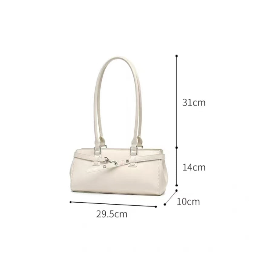 Sleek Baguette Shoulder Bag with Double Long Handles – Cream Faux Leather Purse