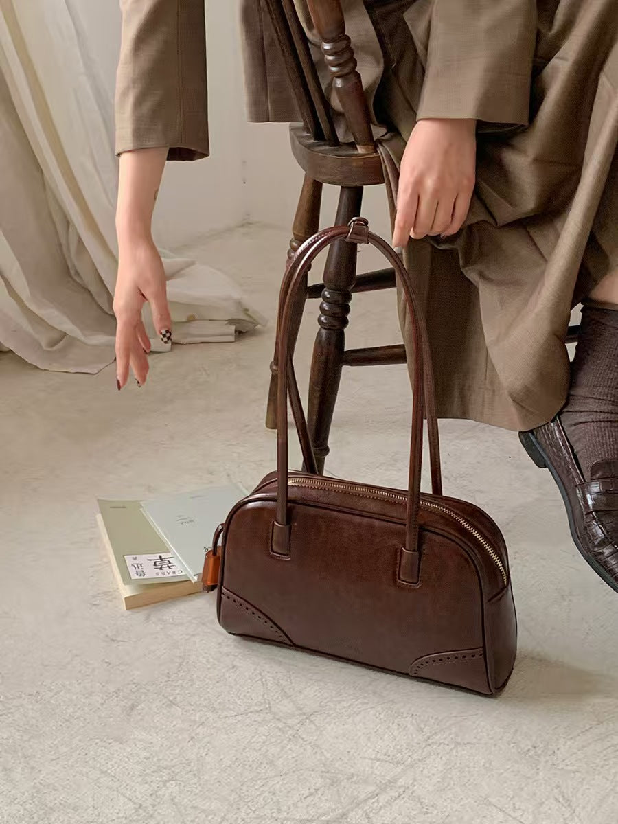 Vintage Minimalist Faux Leather Shoulder Bag – Black & Brown | Elegant Structured Tote Purse