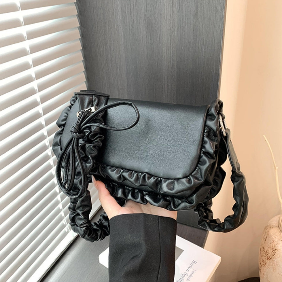 Ruched Flap Shoulder Bag with Ruffled Strap – Silver, Beige, Black | Faux Leather Crossbody Purse