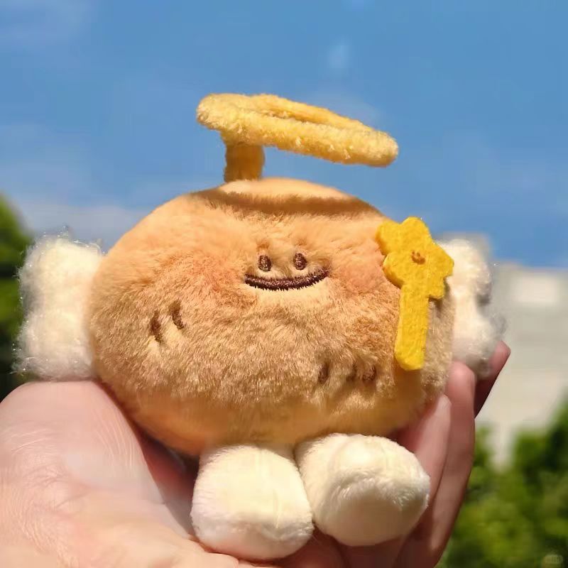 Plush Angel Bread Keychain – Cute Cartoon Winged Bread Bag Charm with Halo & Magic Wand