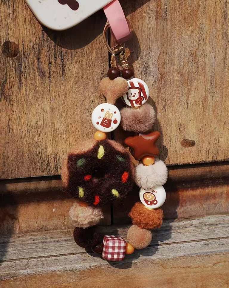 Kawaii Donut & Coffee Bag Charm – Brown Beaded Keychain with Plush Donut, Cute Beads & Coffee Motifs