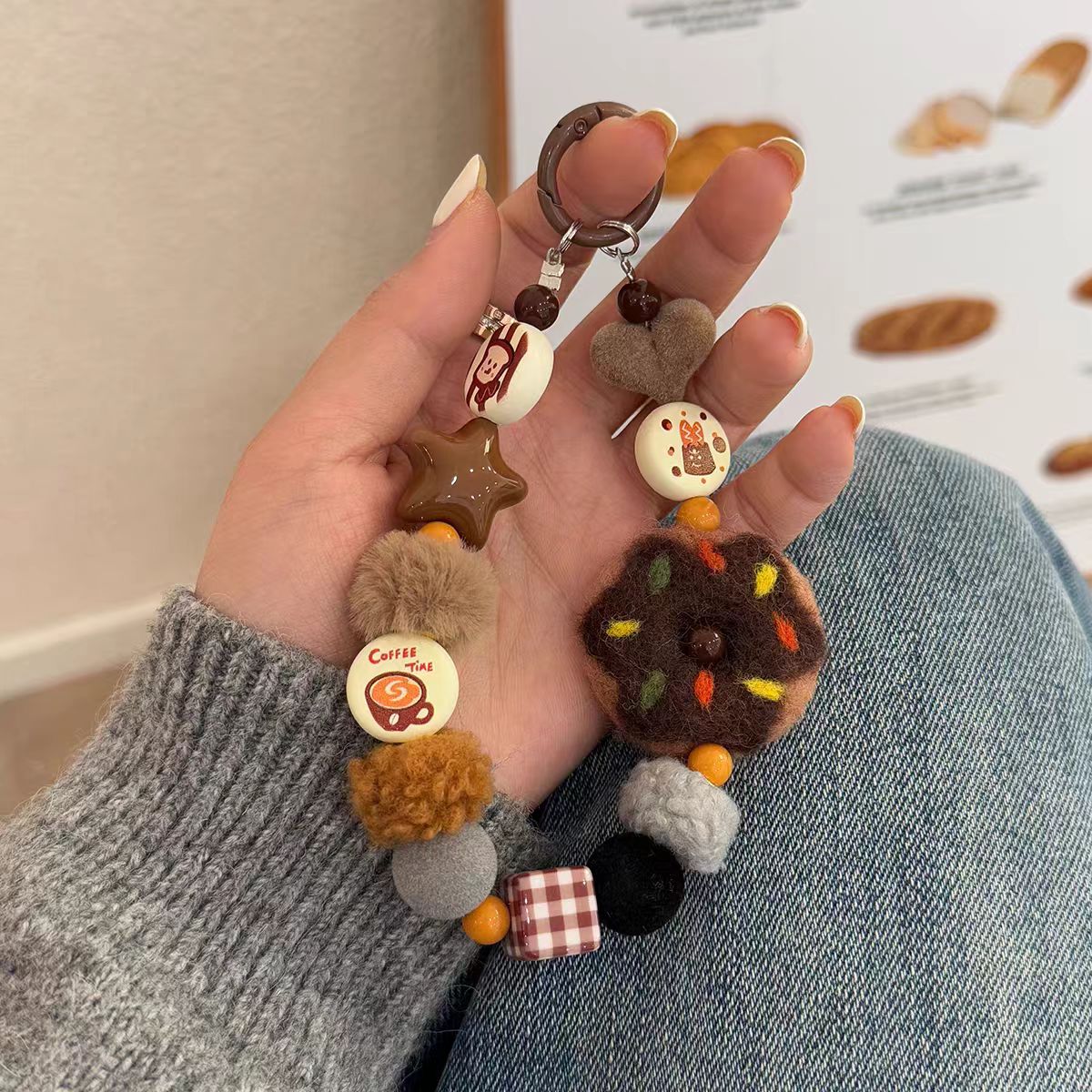 Kawaii Donut & Coffee Bag Charm – Brown Beaded Keychain with Plush Donut, Cute Beads & Coffee Motifs