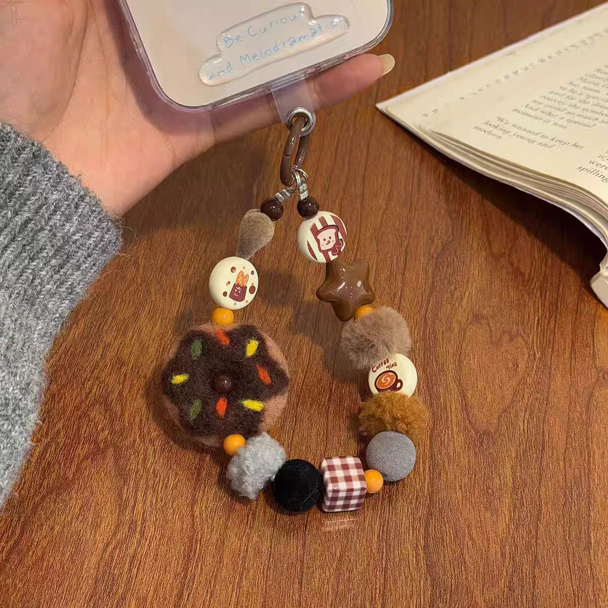 Kawaii Donut & Coffee Bag Charm – Brown Beaded Keychain with Plush Donut, Cute Beads & Coffee Motifs
