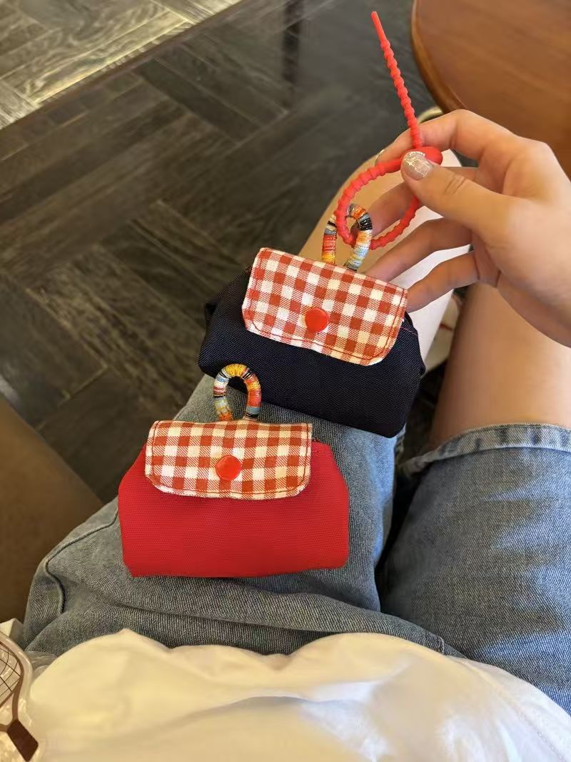 Mini Gingham Check Handle Storage Bag – Portable Multi-Purpose Organizer for Keys, Accessories & Coins (Red & Navy)