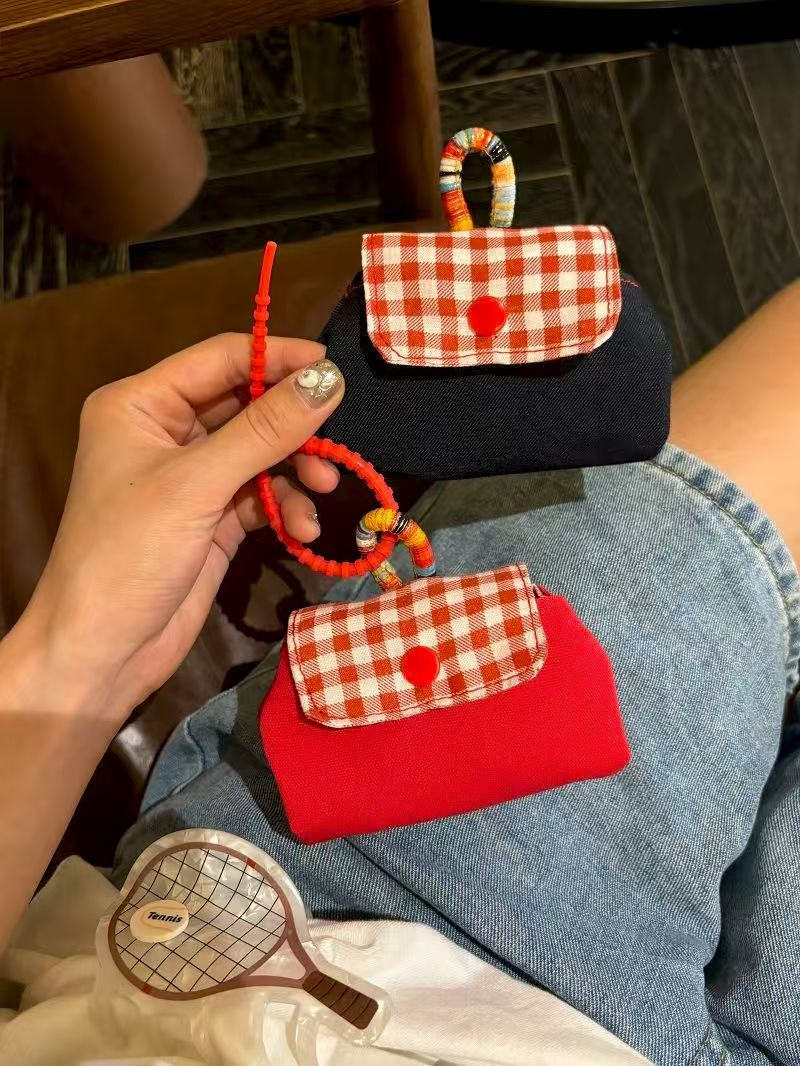 Mini Gingham Check Handle Storage Bag – Portable Multi-Purpose Organizer for Keys, Accessories & Coins (Red & Navy)