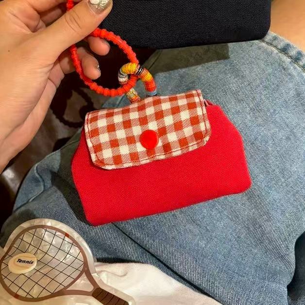 Mini Gingham Check Handle Storage Bag – Portable Multi-Purpose Organizer for Keys, Accessories & Coins (Red & Navy)
