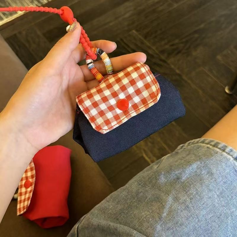Mini Gingham Check Handle Storage Bag – Portable Multi-Purpose Organizer for Keys, Accessories & Coins (Red & Navy)