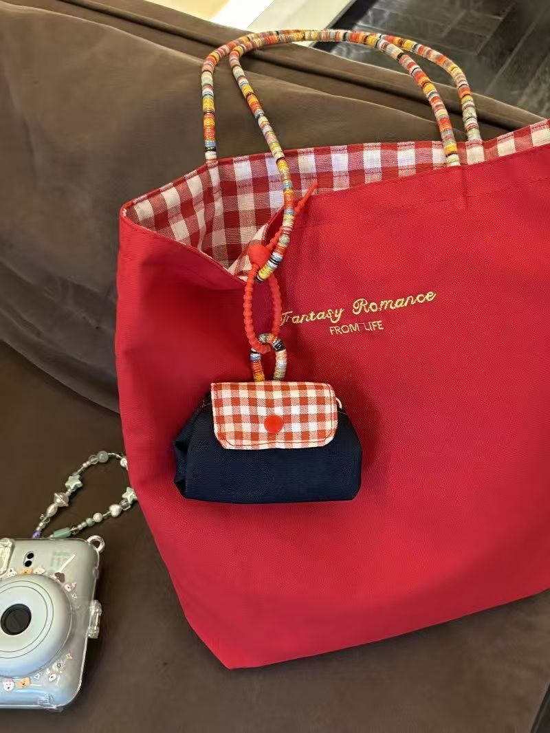 Mini Gingham Check Handle Storage Bag – Portable Multi-Purpose Organizer for Keys, Accessories & Coins (Red & Navy)