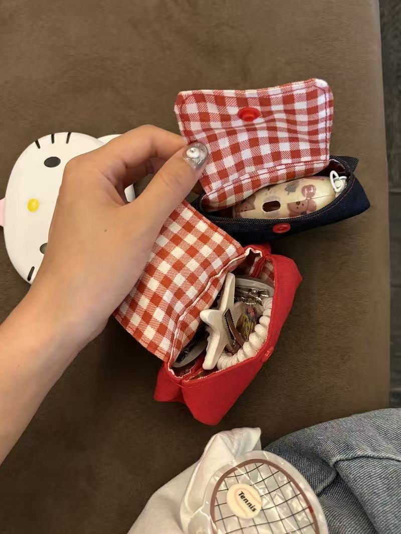 Mini Gingham Check Handle Storage Bag – Portable Multi-Purpose Organizer for Keys, Accessories & Coins (Red & Navy)