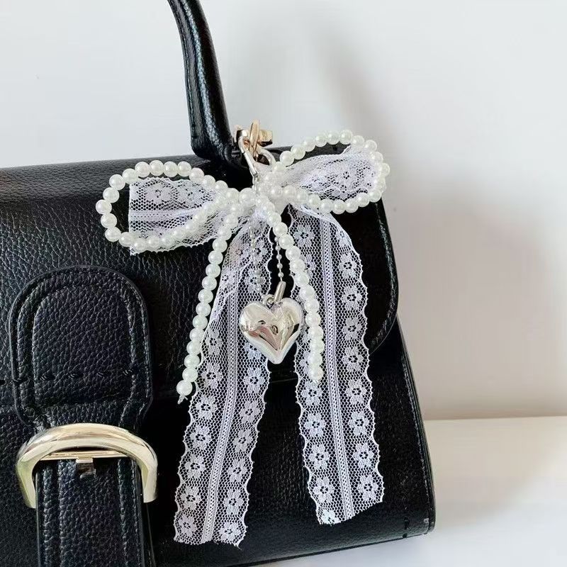 Elegant Pearl Lace Bow Bag Charm with Silver Heart Pendant – Romantic Purse Accessory