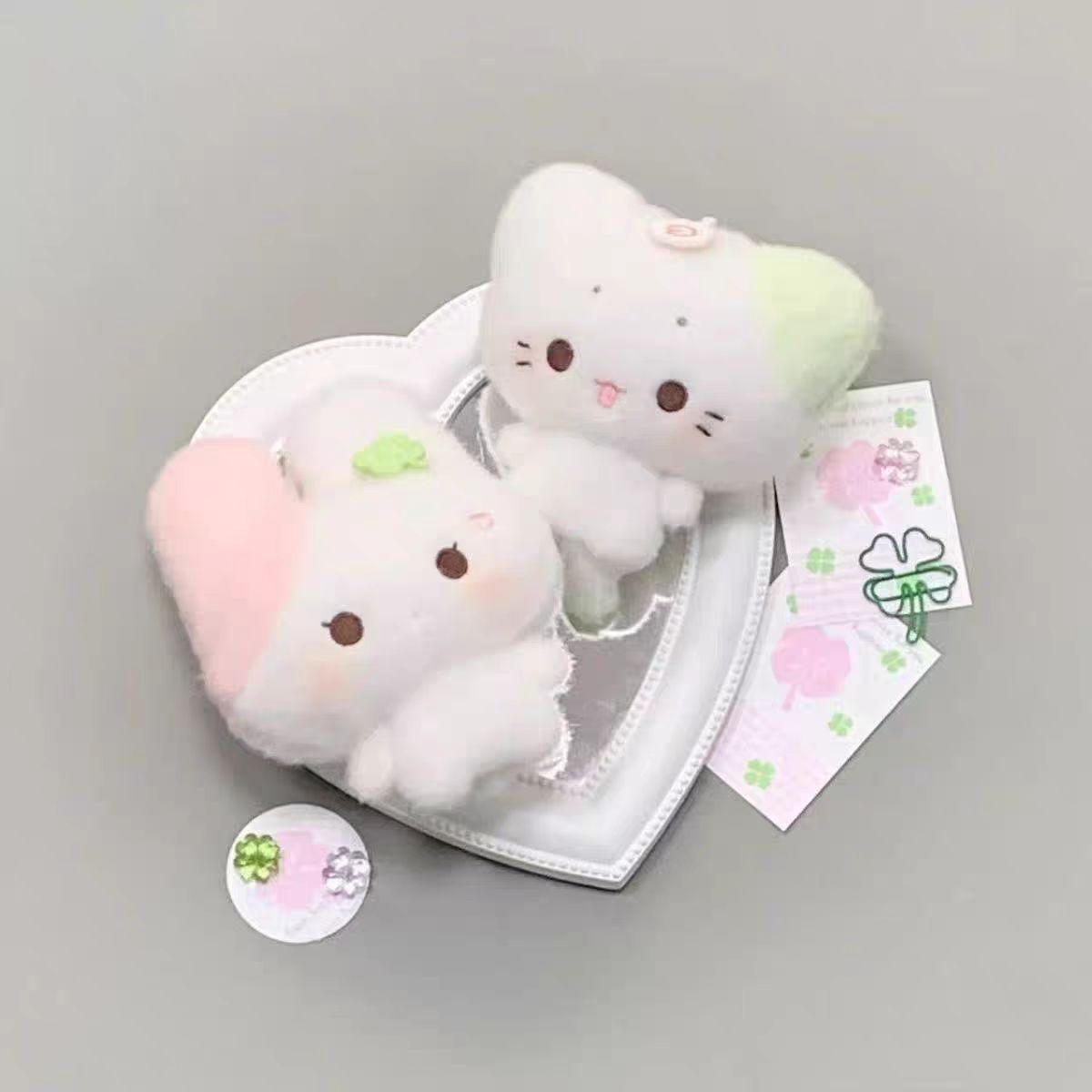 Kawaii Bunny Plush Bag Charm – Pink & White Rabbit Keychain Accessory with Clover Detail