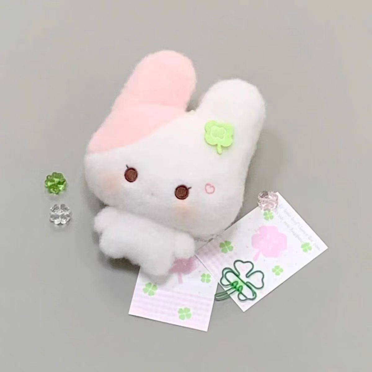 Kawaii Bunny Plush Bag Charm – Pink & White Rabbit Keychain Accessory with Clover Detail