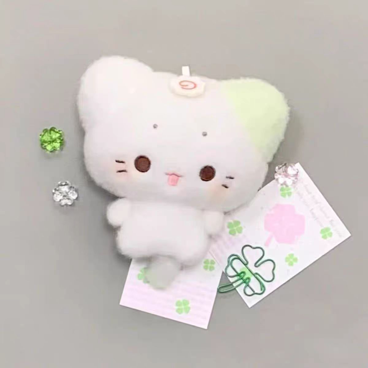 Kawaii Cat Plush Bag Charm – White & Mint Green Kitty Keychain with Cheeky Tongue