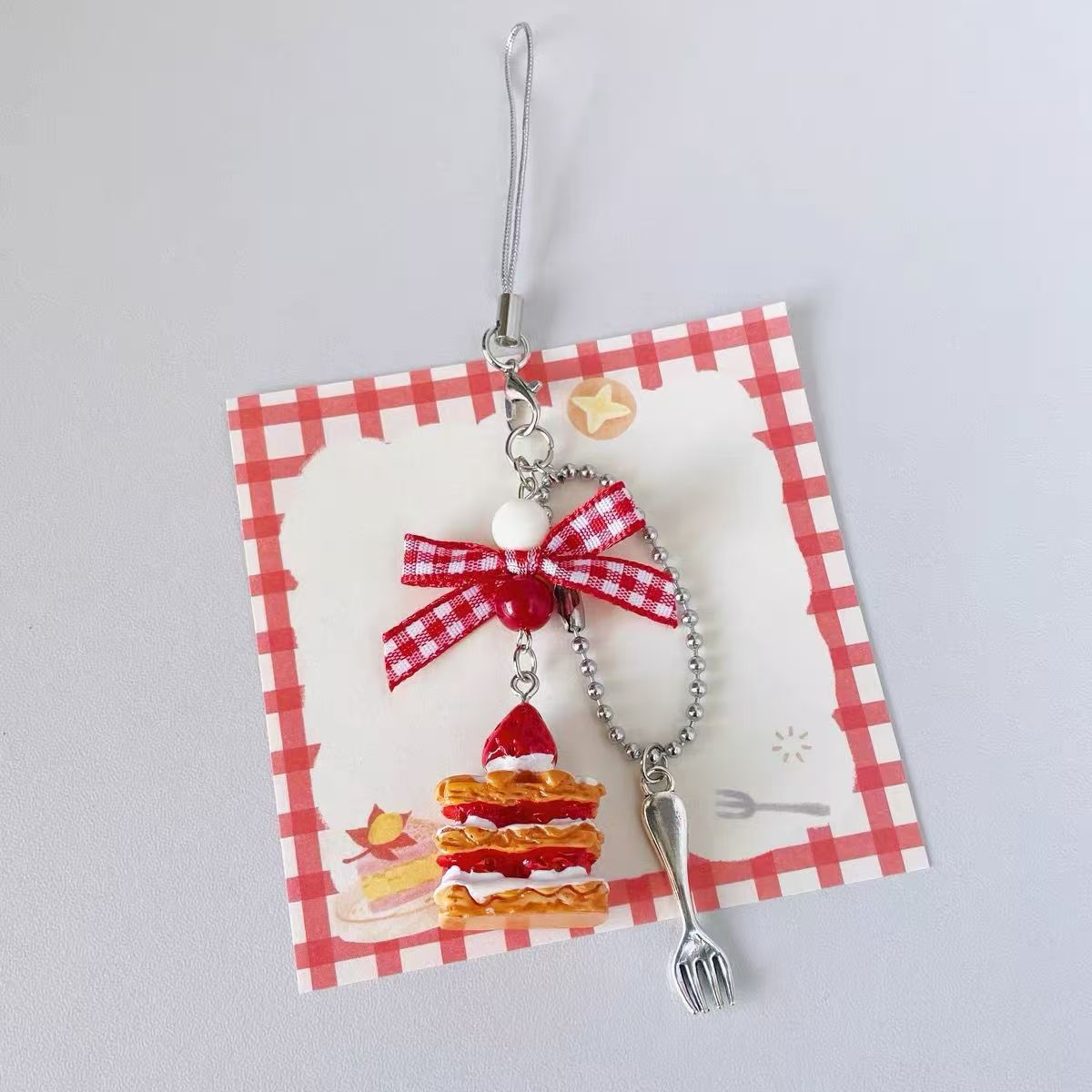 Kawaii Strawberry Pancake Bag Charm – Mini Fork Pendant & Gingham Bow Keychain