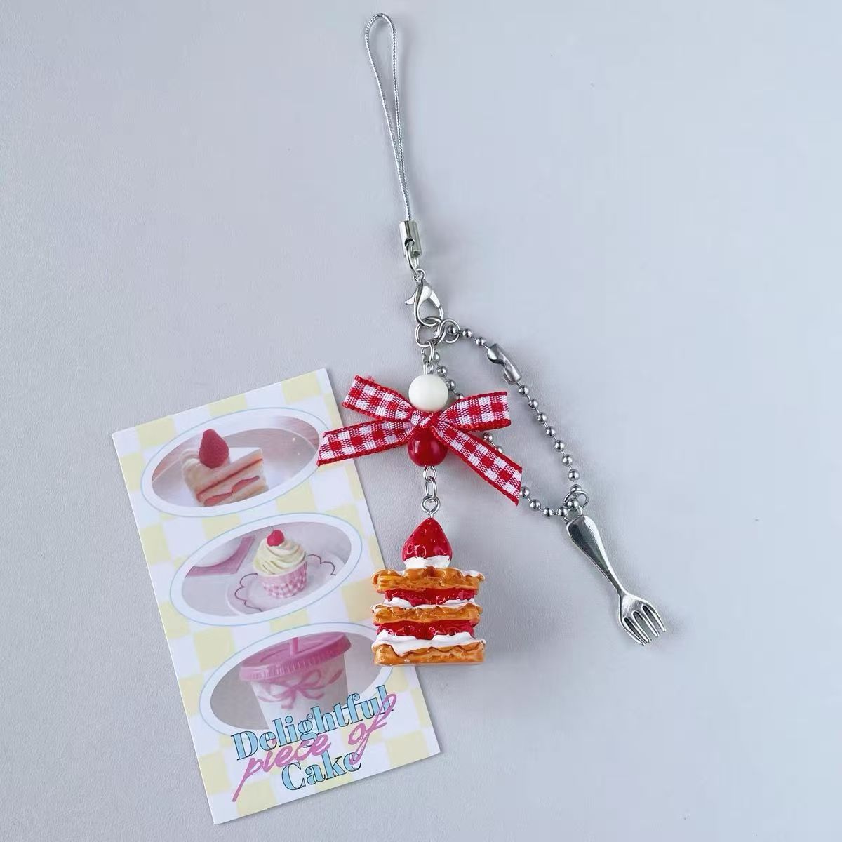 Kawaii Strawberry Pancake Bag Charm – Mini Fork Pendant & Gingham Bow Keychain