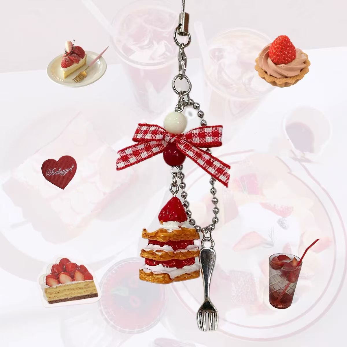Kawaii Strawberry Pancake Bag Charm – Mini Fork Pendant & Gingham Bow Keychain