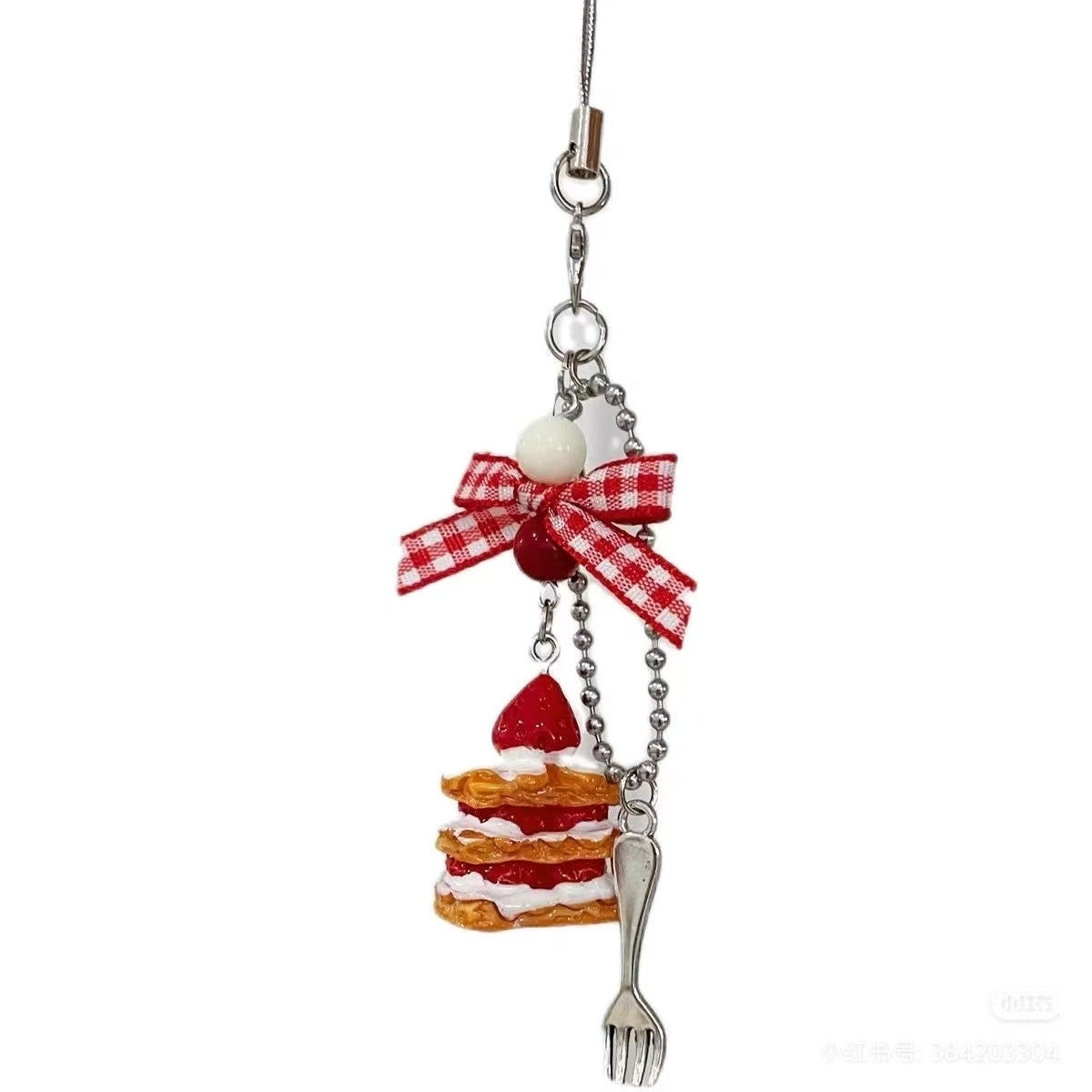 Kawaii Strawberry Pancake Bag Charm – Mini Fork Pendant & Gingham Bow Keychain
