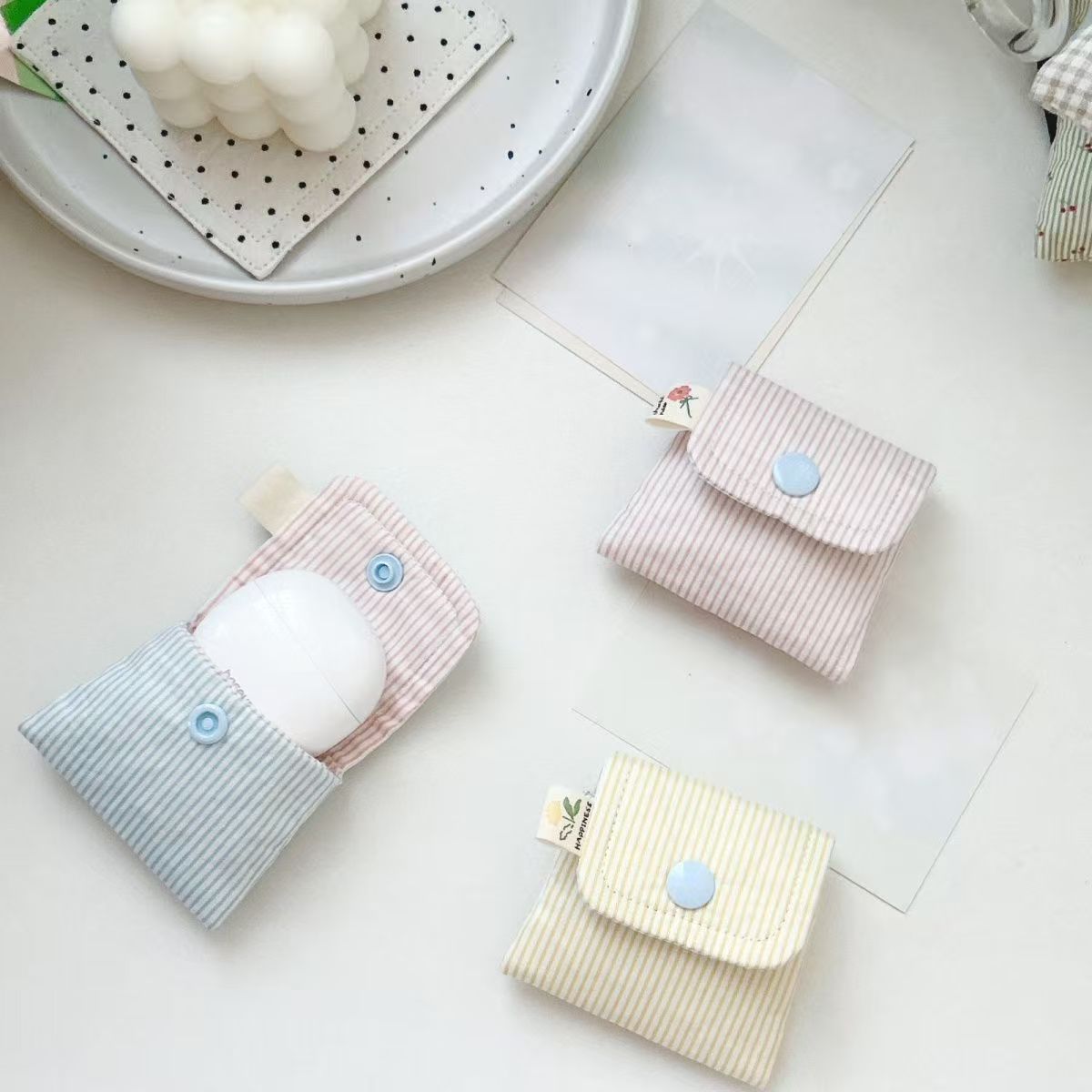 Pastel Striped Mini Pouch – Cute Snap-Button Coin Purse & Small Storage Bag for Earbuds, Cards, or Accessories