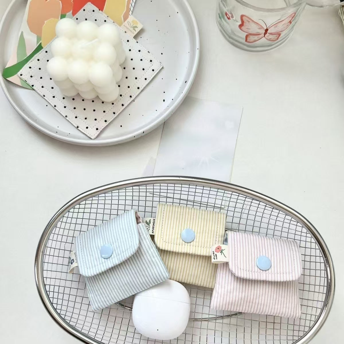 Pastel Striped Mini Pouch – Cute Snap-Button Coin Purse & Small Storage Bag for Earbuds, Cards, or Accessories