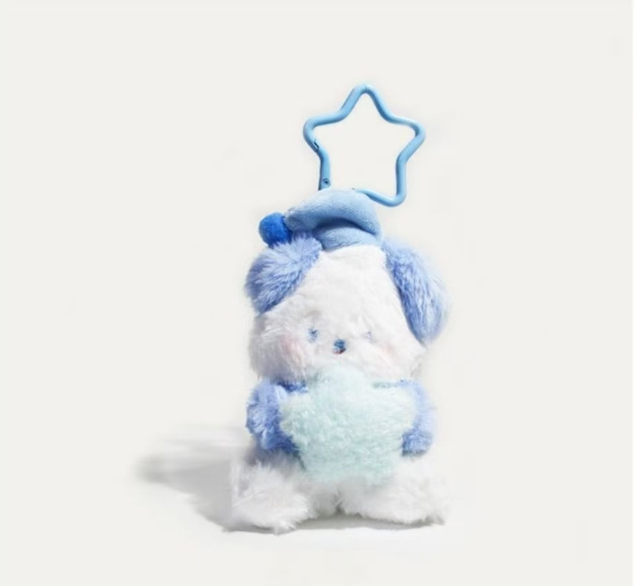 Cute Plush Animal Bag Charm with Star Clip – Soft Keychain Accessory for Tote, Backpack & Handbag (Blue Puppy / Pink Kitty)