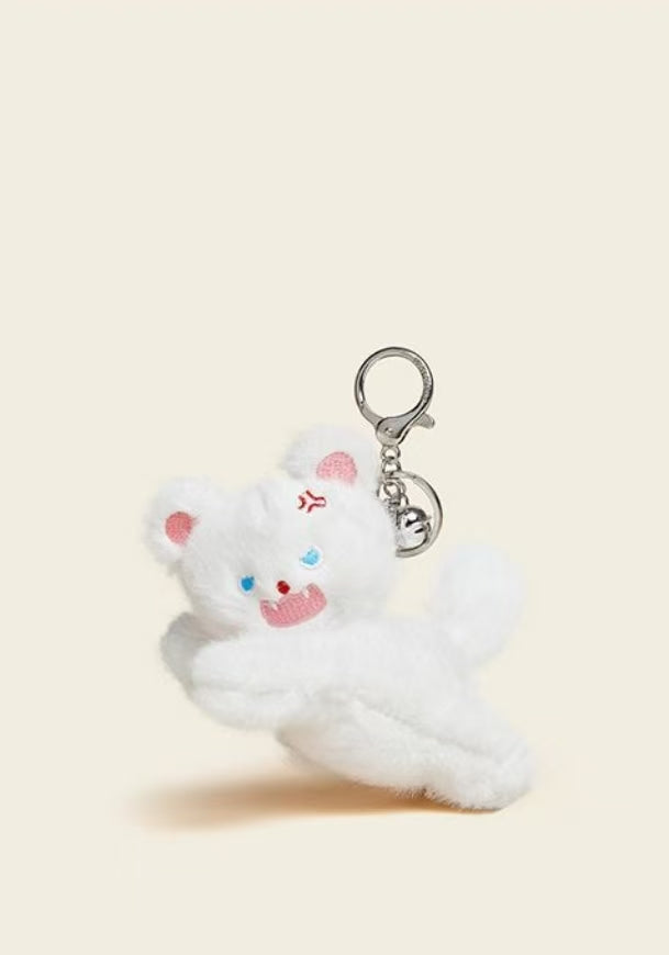 Cute Plush Cat Keychain with Bell – White & Black Furry Cartoon Cat Bag Charm
