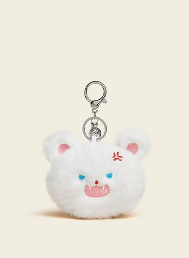 Plush Angry Bear & Cat Keychain – Cute Furry Bag Charm with Metal Clip for Backpacks, Handbags, Keys (White & Black)