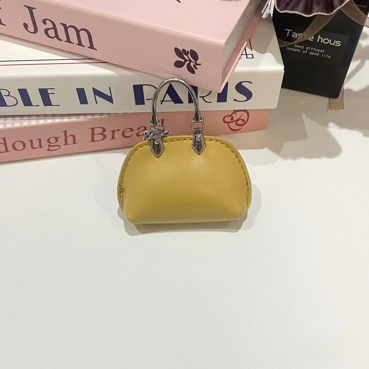 Mini Dome Handle Keychain Bag – Faux Leather Micro Handbag Charm with Chain, Cute Fashion Accessory (Orange, White, Brown, Silver, Black, Yellow)