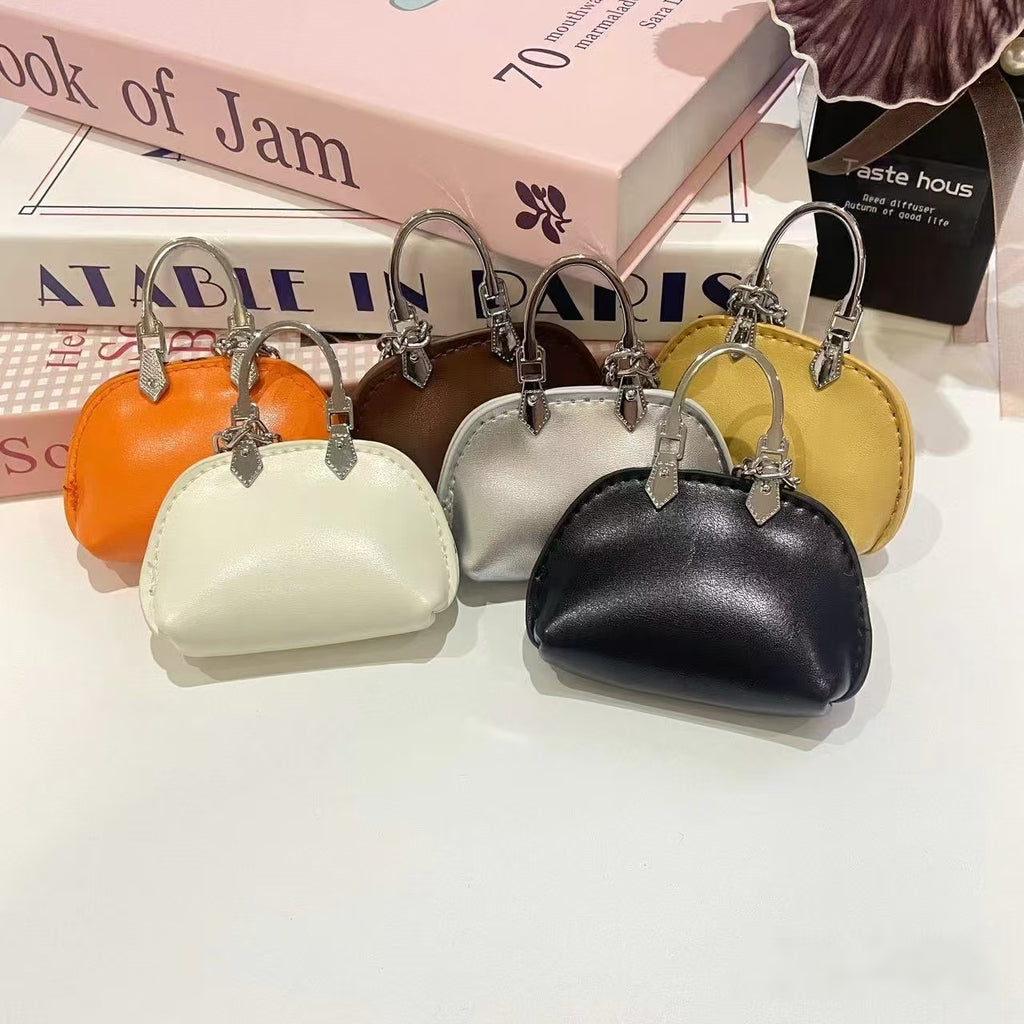Mini Dome Handle Keychain Bag – Faux Leather Micro Handbag Charm with Chain, Cute Fashion Accessory (Orange, White, Brown, Silver, Black, Yellow)