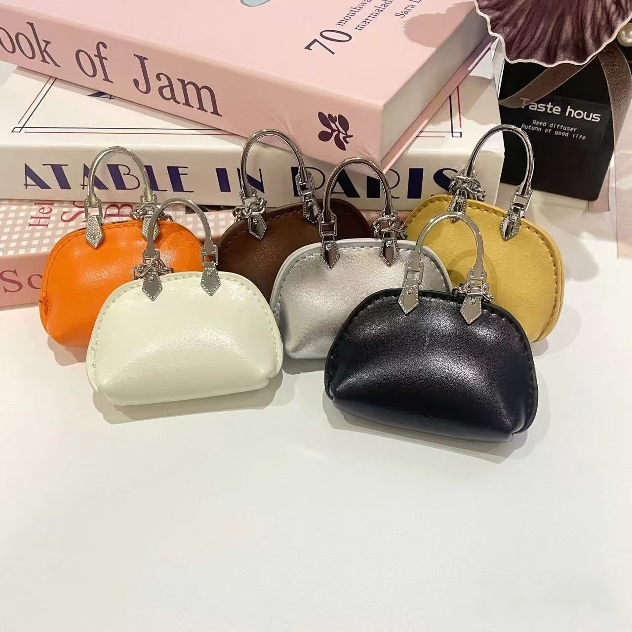 Mini Dome Handle Keychain Bag – Faux Leather Micro Handbag Charm with Chain, Cute Fashion Accessory (Orange, White, Brown, Silver, Black, Yellow)
