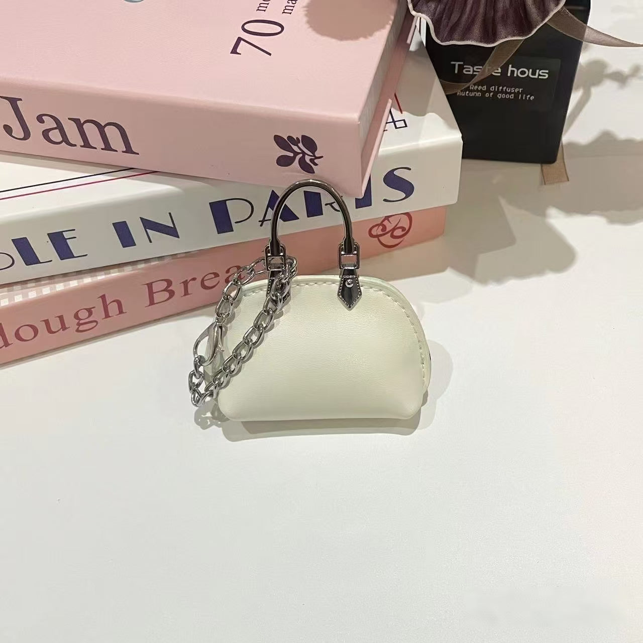 Mini Dome Handle Keychain Bag – Faux Leather Micro Handbag Charm with Chain, Cute Fashion Accessory (Orange, White, Brown, Silver, Black, Yellow)
