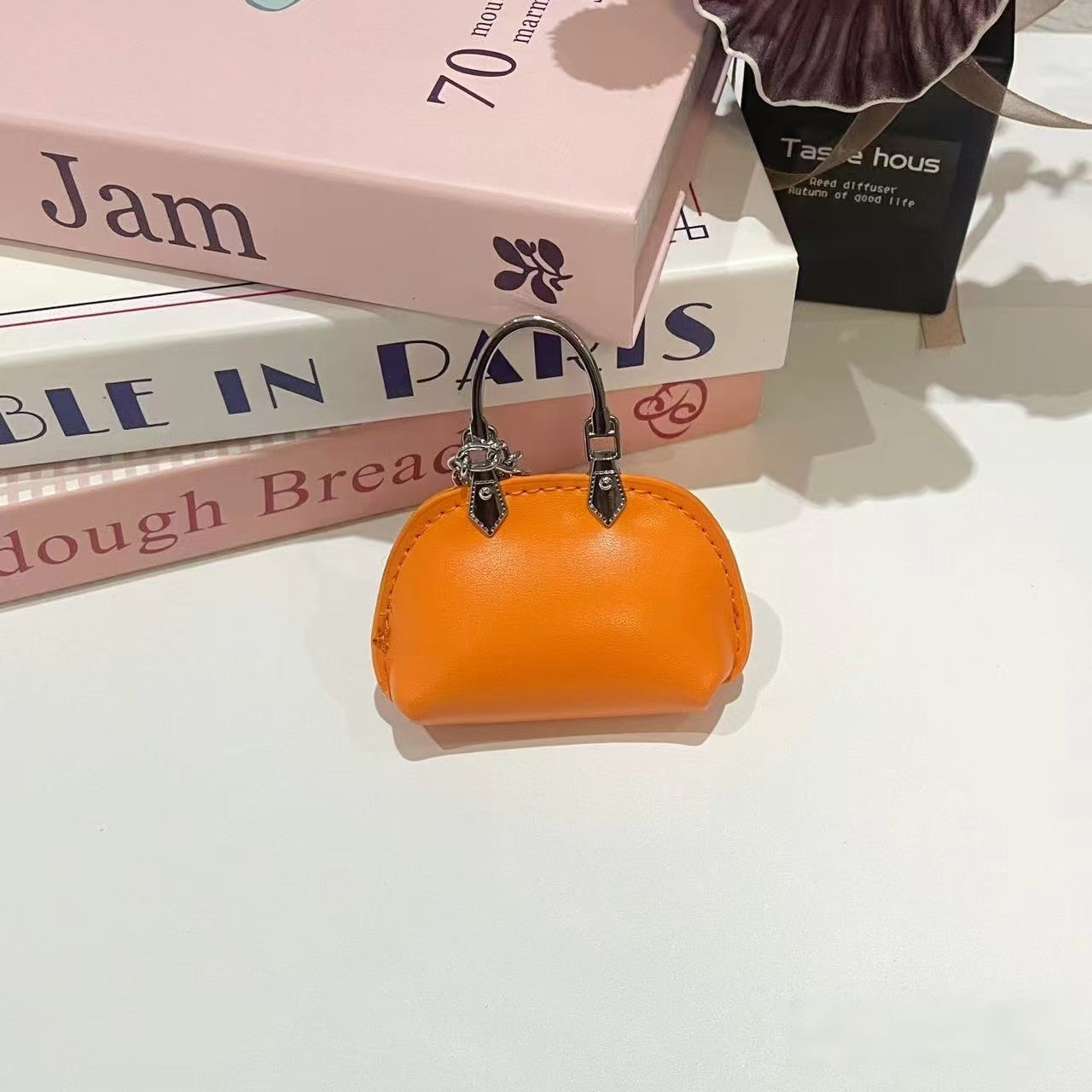 Mini Dome Handle Keychain Bag – Faux Leather Micro Handbag Charm with Chain, Cute Fashion Accessory (Orange, White, Brown, Silver, Black, Yellow)